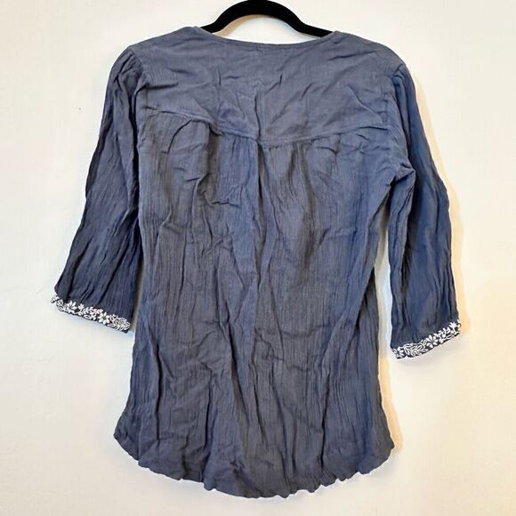 Star Mela Women's Embroidered Blouse Quarter Sleeve Tie Neckline Blue Medium Tun - Picture 3 of 3